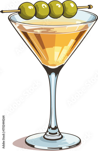 Bright Martini Glass with Four Green Olives – Classic Cocktail Vector