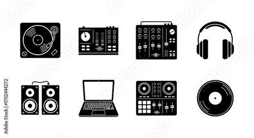 DJing Equipment Turntable, Mixer, Headphones, Speakers, Laptop, and Vinyl Record