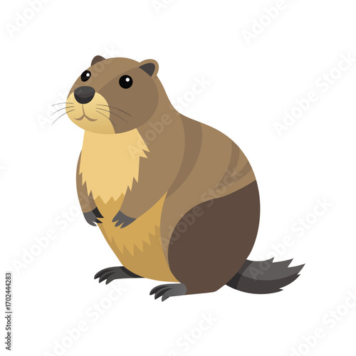 Cute cartoon groundhog sitting and looking to the side isolated on white background