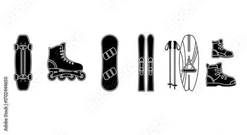 Extreme sports gear icons skateboard, rollerblade, snowboard, skis, wakeboard