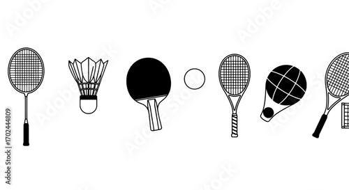 Diverse Sports Equipment Lineup Badminton, Table Tennis, and Tennis Gear