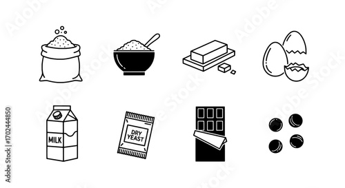 Baking Ingredients Set Essential Cooking Components in Black and White