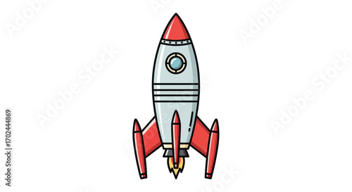 Red and silver cartoon rocket ship illustration with a porthole window and launch flames.