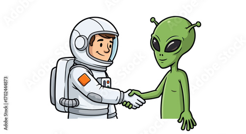 Friendly Space Encounter: Astronaut and Alien Shaking Hands.