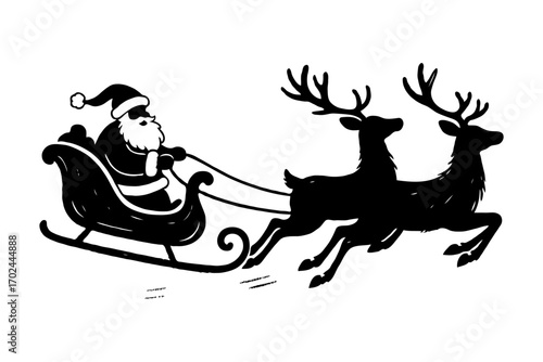 Silhouette of Santa Claus riding a sleigh pulled by two reindeer, in a bold black graphic style on a white background, symbolizing Christmas magic