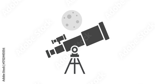 Refracting Telescope with Moon Icon Astronomy Observation.