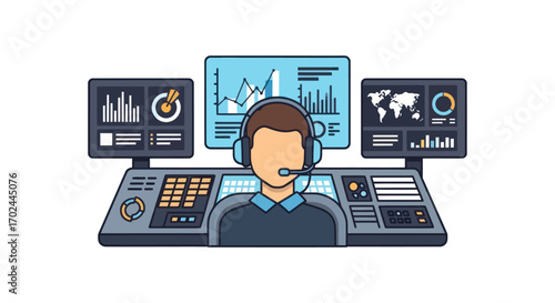 Operator with Headset at Control Desk Monitoring Data and Charts on Multiple Screens.