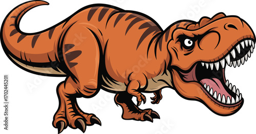 Cartoon T-Rex design, ferocious dinosaur illustration, roaring character, vector clipart, prehistoric art, orange body, fierce expression, aggressive pose, sharp teeth