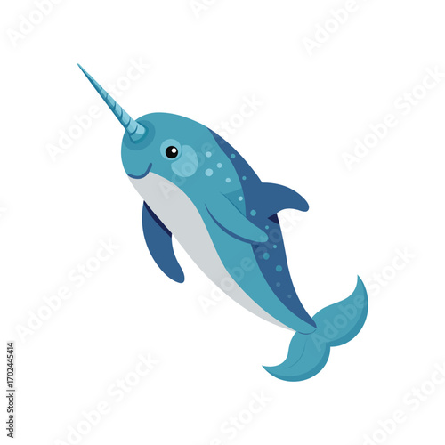 Happy cartoon narwhal with a blue body and a horn isolated on white background