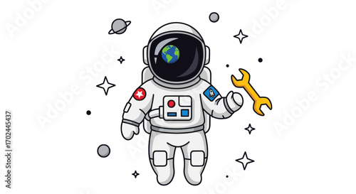 Cartoon Astronaut Holding a Wrench in Space Wearing White Suit and Helmet.