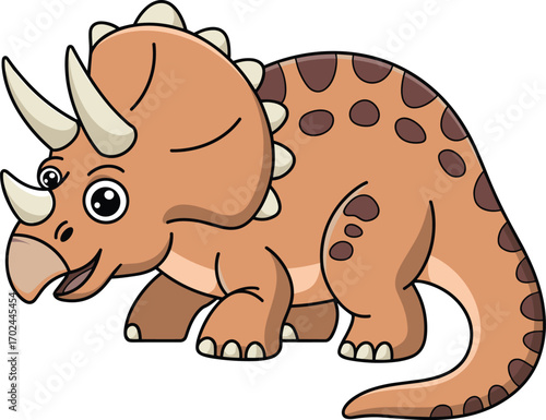 Cartoon triceratops dinosaur, friendly dino, vector illustration, prehistoric animal, cute character, horned reptile, smiling face, clipart, stock image, kids design