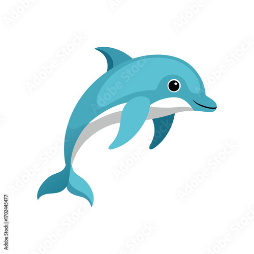 Happy cartoon dolphin swimming in the ocean isolated on white background