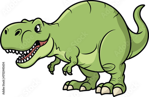 Cartoon Tyrannosaurus rex, green dinosaur, vector illustration, prehistoric animal, smiling T-rex, friendly character, clipart, stock image, kids design, educational art