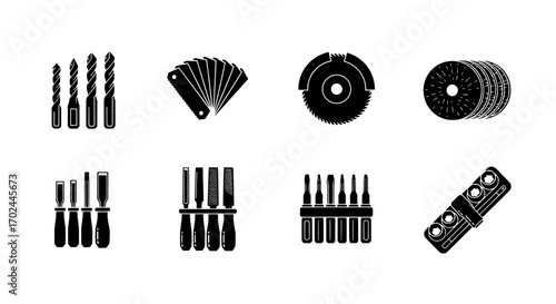 Selection of Carpentry and Construction Tools Drills, Chisels, and Blades