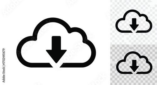 Vector illustration of simple black and white icon representing cloud download with a downward arrow, isolated on a transparent background