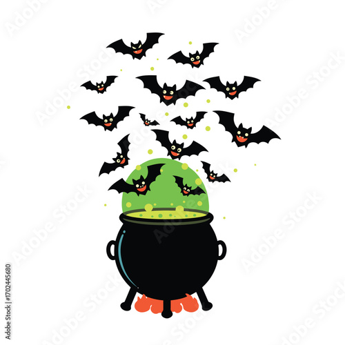 Vector of witch cauldron with green brew and bats flying out for halloween