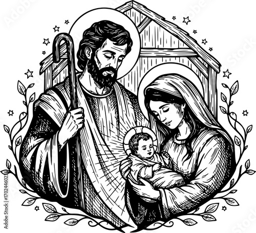 Hand drawn illustration of the Sacred Family.
