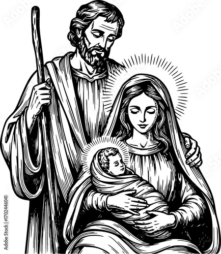Hand drawn illustration of the Sacred Family.
