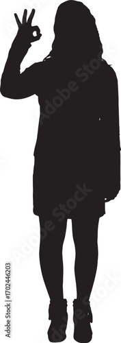 vector,silhouette of front view of a woman standing showing ok sign