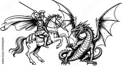 Hand drawn illustration of Saint George.
