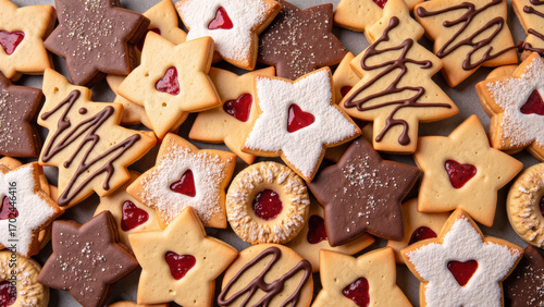 Delicious cookies arranged in colorful display, featuring star shapes, jam fillings, and chocolate drizzles, perfect for festive occasions