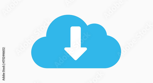 Vector illustration of blue cloud icon with a white downward arrow, representing download or cloud storage
