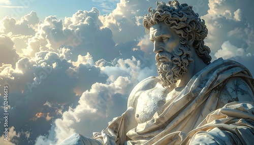 The monumental face of a divine ancient ruler, a classical marble statue under a glorious cloudy sky