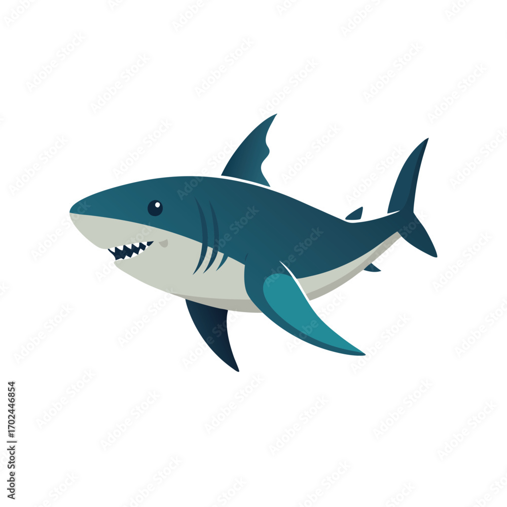 Fototapeta premium A cartoon illustration of a blue shark isolated on a white background