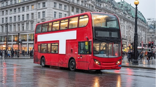 Sticker Iconic Red Double Decker Bus in Urban London Scene on a Wet Day