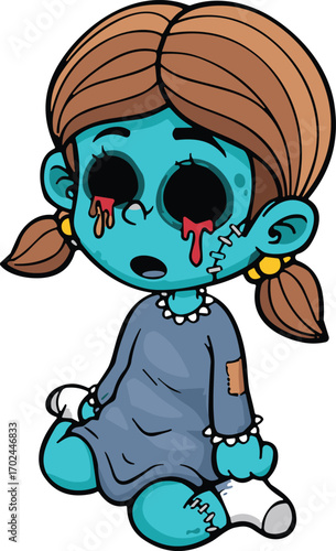 Cartoon zombie girl, sitting figure, vector illustration, blue skin, pigtails, tears of blood, tattered dress, creepy child, clipart, stock image
