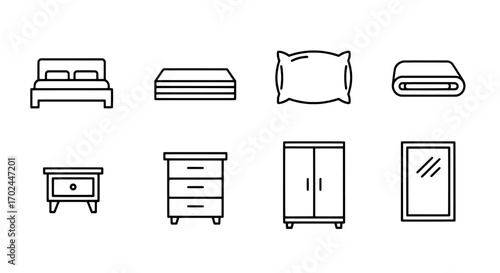 Bedroom Furniture Icons Bed, Mattress, Pillow, Nightstand, Dresser, Wardrobe, and Mirror