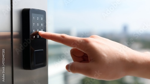 A hand pressing an elevator button highlights modern technology. This image captures the ease of urban living. Elevators make our daily lives more convenient. AI