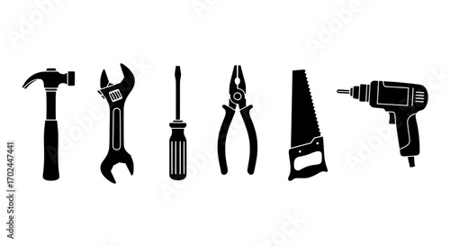 Silhouetted Hand Tools Hammer, Wrench, Screwdriver, Pliers, Saw, Drill