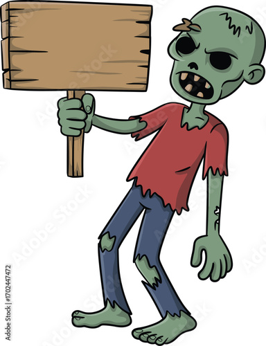 Cartoon zombie, horror character, green undead, holding sign, vector illustration, scary monster, creepy design, Halloween clipart, walking dead, stock image