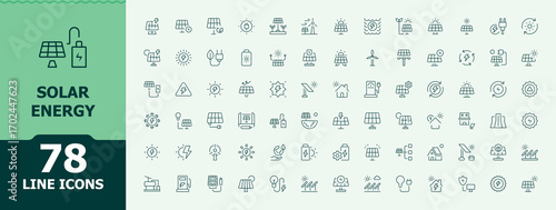 Solar Energy simple line icon set. Renewable related icon set. Minimalist editable vector stroke. Contains related to solar, panel, energy, sun, ecology. Vector artwork and illustration.