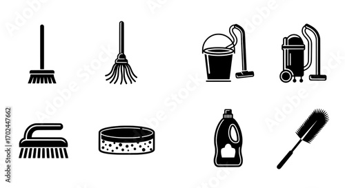 Essential Cleaning Tools Black and White Icon Set