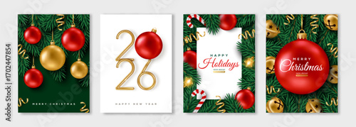 Merry Christmas 2026 Happy New Year poster set. Hanging red gold 3d Xmas toys, confetti and spruce fir tree. Vector illustration. Winter sale holiday decorations, golden jingle bells. Place for text