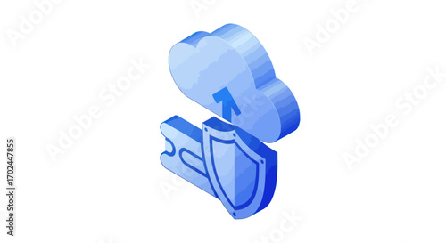 Isometric 3D icon of secure cloud computing with a data protection shield.