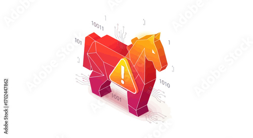 Isometric Trojan Horse with Warning Sign Cyber Security Threat.