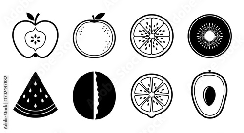 Fruit Icons Black and White Line Art of Diverse Fruits