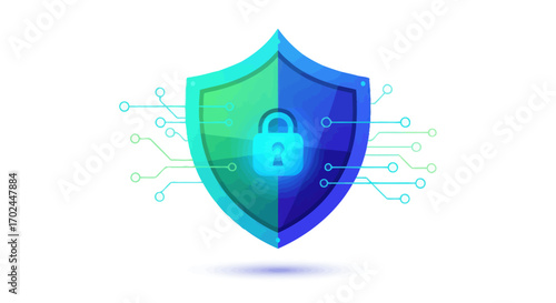 Digital Security Shield with Padlock and Circuitry Design.