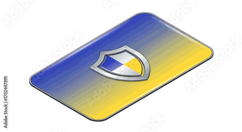 Metallic Shield Emblem on Gradient Blue and Yellow Rectangular Card.