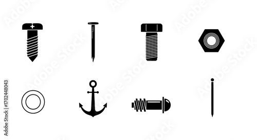 Assorted Fasteners Screws, Nails, Anchors, and Bolts Illustration