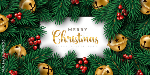 Merry Christmas Happy New Year 2026 background. Gold 3d jingle bells, fir tree branches, holly berries. Frame with place for text. Vector illustration. Holiday flyer, sale voucher banner, party poster