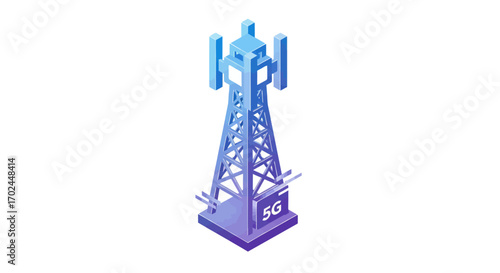 Futuristic 5G Cell Tower with Blue and Purple Gradient Lighting.