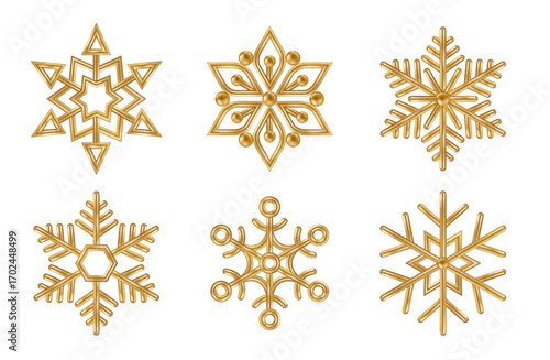 3d Gold Snowflakes Icons Set. Bronze realistic Merry Christmas decoration isolated on white background. Golden Xmas Vector illustration. Snow flake shape bauble, Happy New Year winter symbol