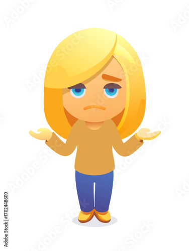 A perplexed cartoon girl shrugging her shoulders, expressing confusion and uncertainty. The girl has blond hair and a neutral expression, hands up in the air transparent background