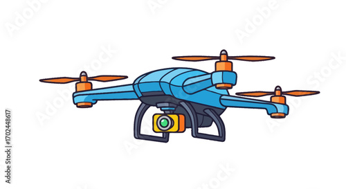 Cartoon Blue Drone with Camera and Four Propellers.
