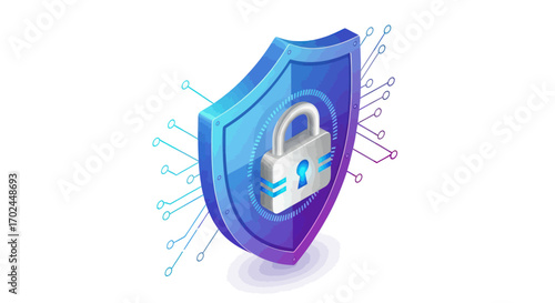 Isometric Digital Security Shield with Padlock Icon.