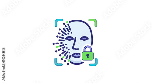 Digital Face Recognition with Security Lock Icon.